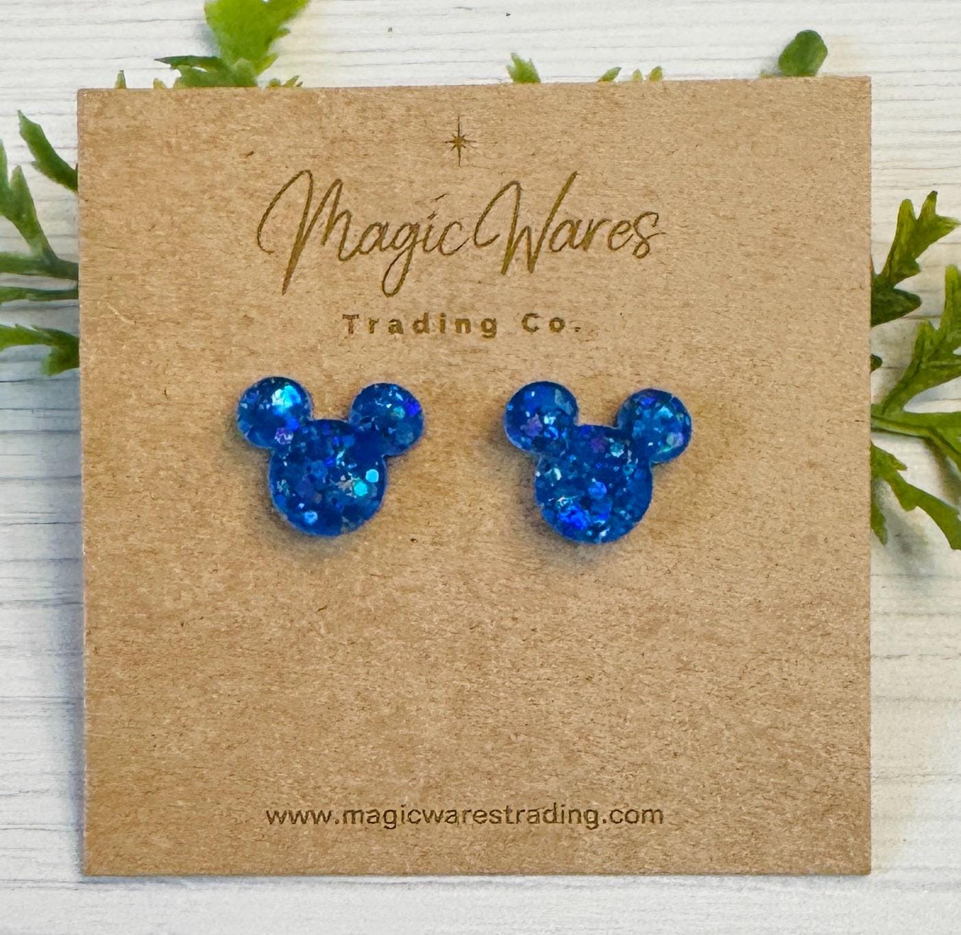 Bright Blue Sparkle Mouse Stud Earrings, Chunky Glitter Laser Cut Post Earrings, Pierced Earlobe Glitter Post earrings
