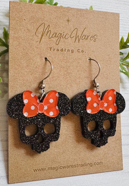Minnie Skull Black Glitter Acrylic Earrings, Orange Polka Dot Bow Mouse Skull Dangle Earrings, Halloween Earrings Black Skull Earrings
