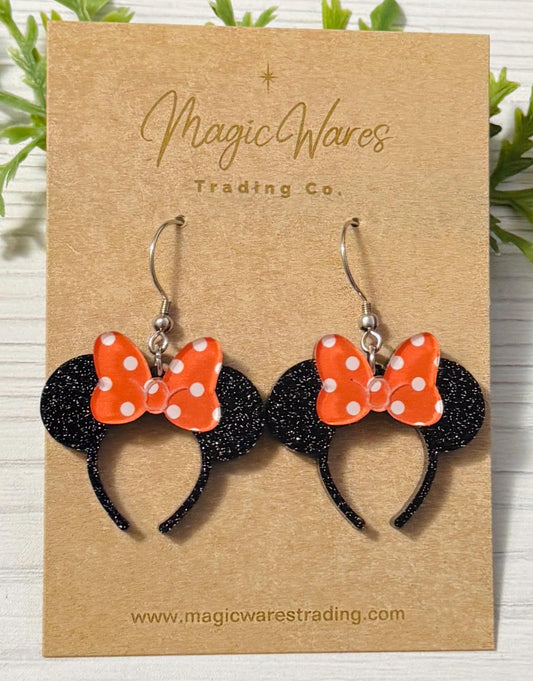 Minnie Black Glitter Headband Ears Dangle Earrings, Orange Polka Dot Mouse ears headband, Halloween Earrings, Mouse Ears Dangle Earrings
