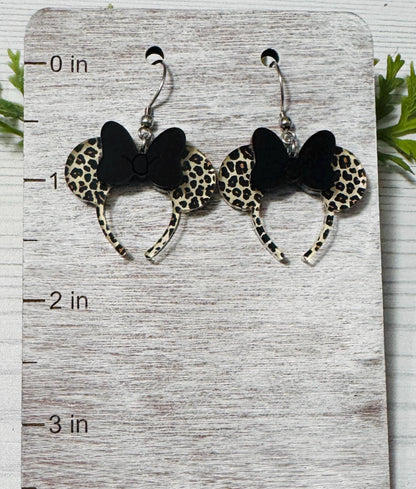 Minnie Leopard Headband Ears Dangle Earrings, Black Acrylic Bow Mouse ears headband, Animal Kingdom Earrings, Mouse Ears Dangle Earrings