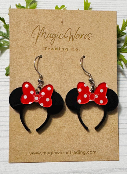 Classic Minnie Headband Ears Dangle Earrings, Red Polka Dot Bow Mouse ears headband, Mouse Ears Dangle Earrings, Minnie Ears Earrings
