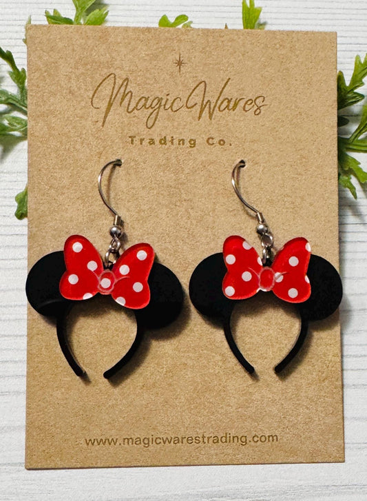 Classic Minnie Headband Ears Dangle Earrings, Red Polka Dot Bow Mouse ears headband, Mouse Ears Dangle Earrings, Minnie Ears Earrings