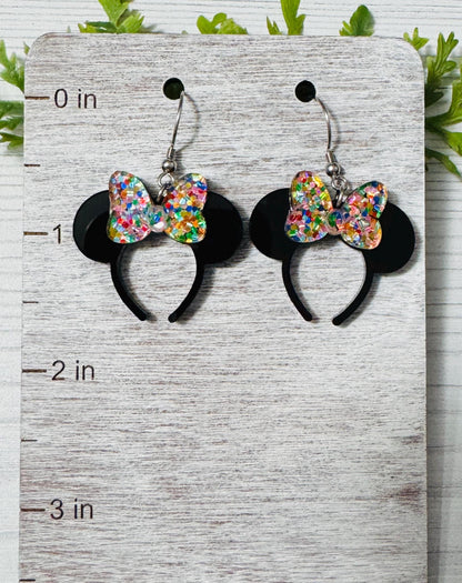 Minnie Confetti Glitter Headband Ears Dangle Earrings, Black Mouse ears headband earrings, Minnie Glitter Bow Dangle Earrings