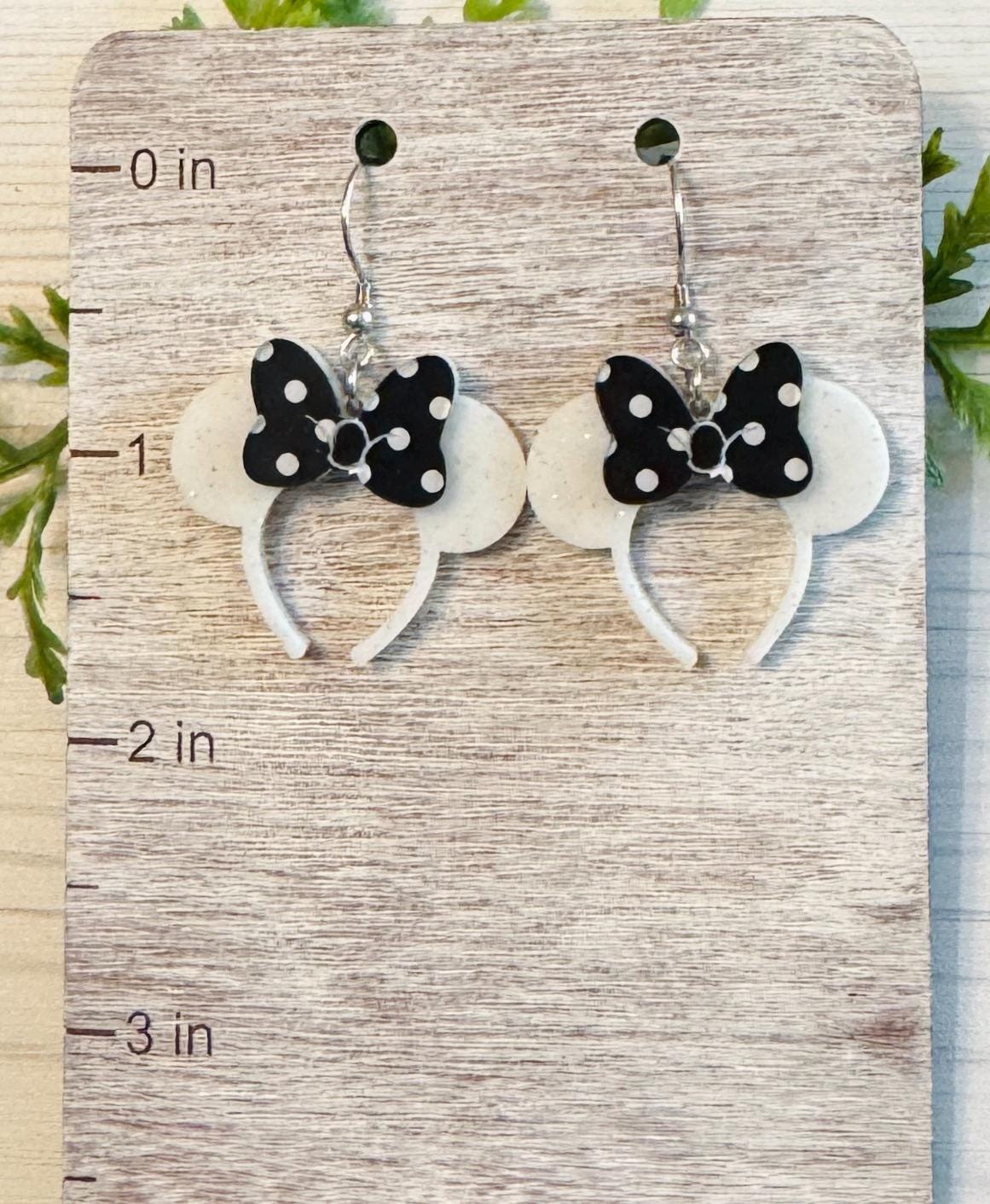 Green Pearl Minnie Ears Dangle Earrings, Candy Cane Stripe Bow
