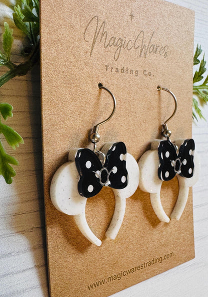 Minnie White Glitter Headband Ears Dangle Earrings, Black Polka Dot Mouse ears headband, Glitter Mouse Ears Dangle Earrings