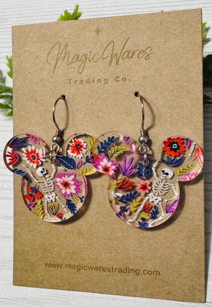 Dancing Skeletons Mouse head Laser cut Dangle Earrings, Crystal Acrylic Earrings, Halloween earrings, Not so scary Halloween Party earrings