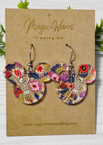 Dancing Skeletons Mouse head Laser cut Dangle Earrings, Crystal Acrylic Earrings, Halloween earrings, Not so scary Halloween Party earrings