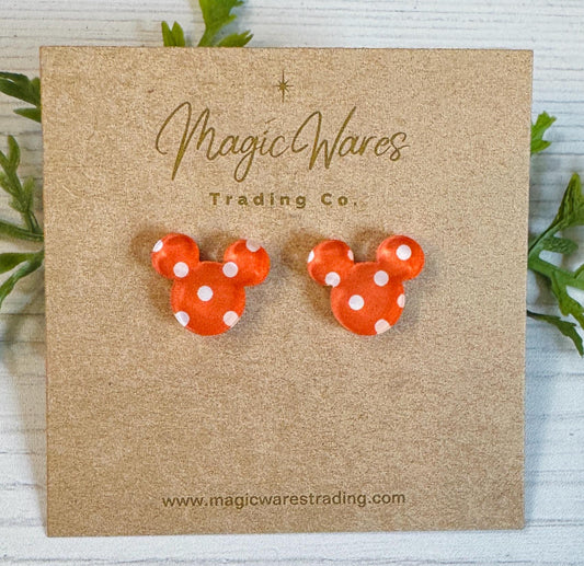Orange Polka Dot Stud Earring, Orange with white polka dots acrylic laser cut post earrings, Halloween earrings, Halloween party earrings
