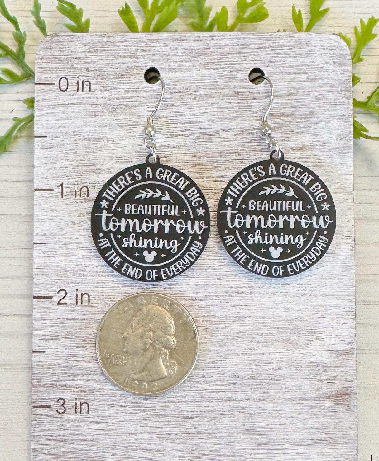 Great Big Beautiful Tomorrow Dangle Earrings, Black or Clear Round Acrylic Earrings, Laser Engraved Carousel of Progress Earrings