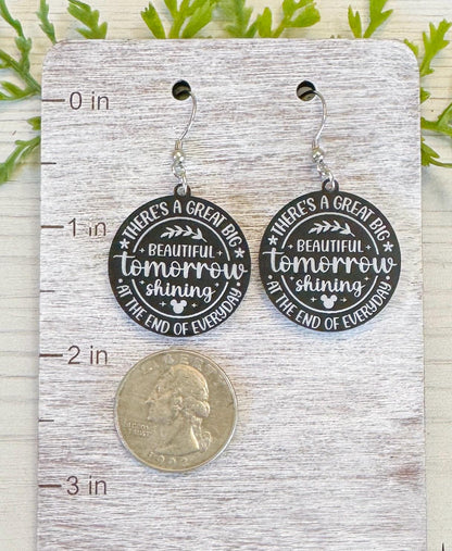 Great Big Beautiful Tomorrow Dangle Earrings, Black or Clear Round Acrylic Earrings, Laser Engraved Carousel of Progress Earrings