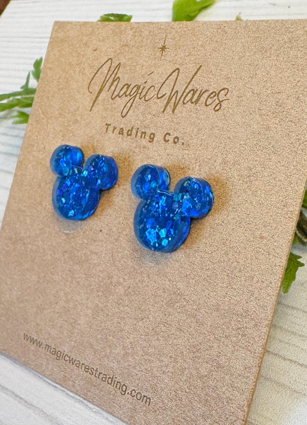 Bright Blue Sparkle Mouse Stud Earrings, Chunky Glitter Laser Cut Post Earrings, Pierced Earlobe Glitter Post earrings