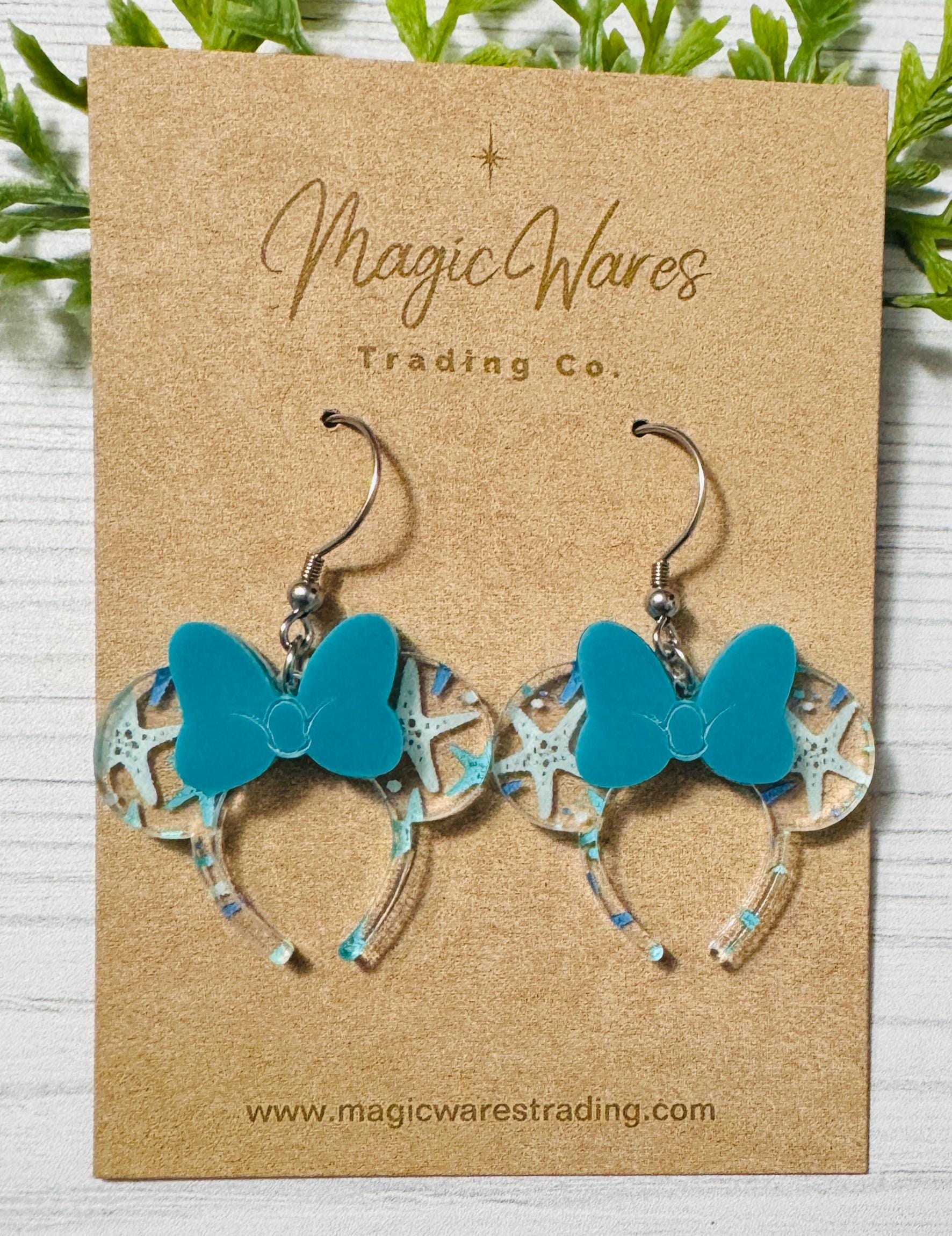Starfish Minnie Headband Ears Dangle Earrings, Aqua Bow Mouse ears headband, Mouse Ears Dangle Earrings, Minnie Ears Earrings