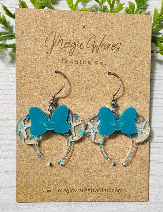 Starfish Minnie Headband Ears Dangle Earrings, Aqua Bow Mouse ears headband, Mouse Ears Dangle Earrings, Minnie Ears Earrings