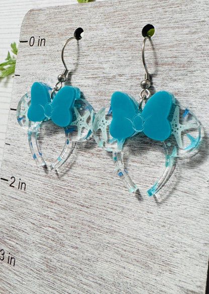 Starfish Minnie Headband Ears Dangle Earrings, Aqua Bow Mouse ears headband, Mouse Ears Dangle Earrings, Minnie Ears Earrings