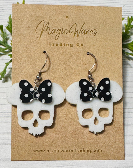 Minnie Skull White Glitter Acrylic Earrings, Black and White Polka Dot Bow Mouse Skull Dangle Earrings, Halloween Party Earrings