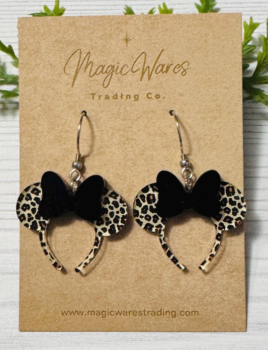 Minnie Leopard Headband Ears Dangle Earrings, Black Acrylic Bow Mouse ears headband, Animal Kingdom Earrings, Mouse Ears Dangle Earrings