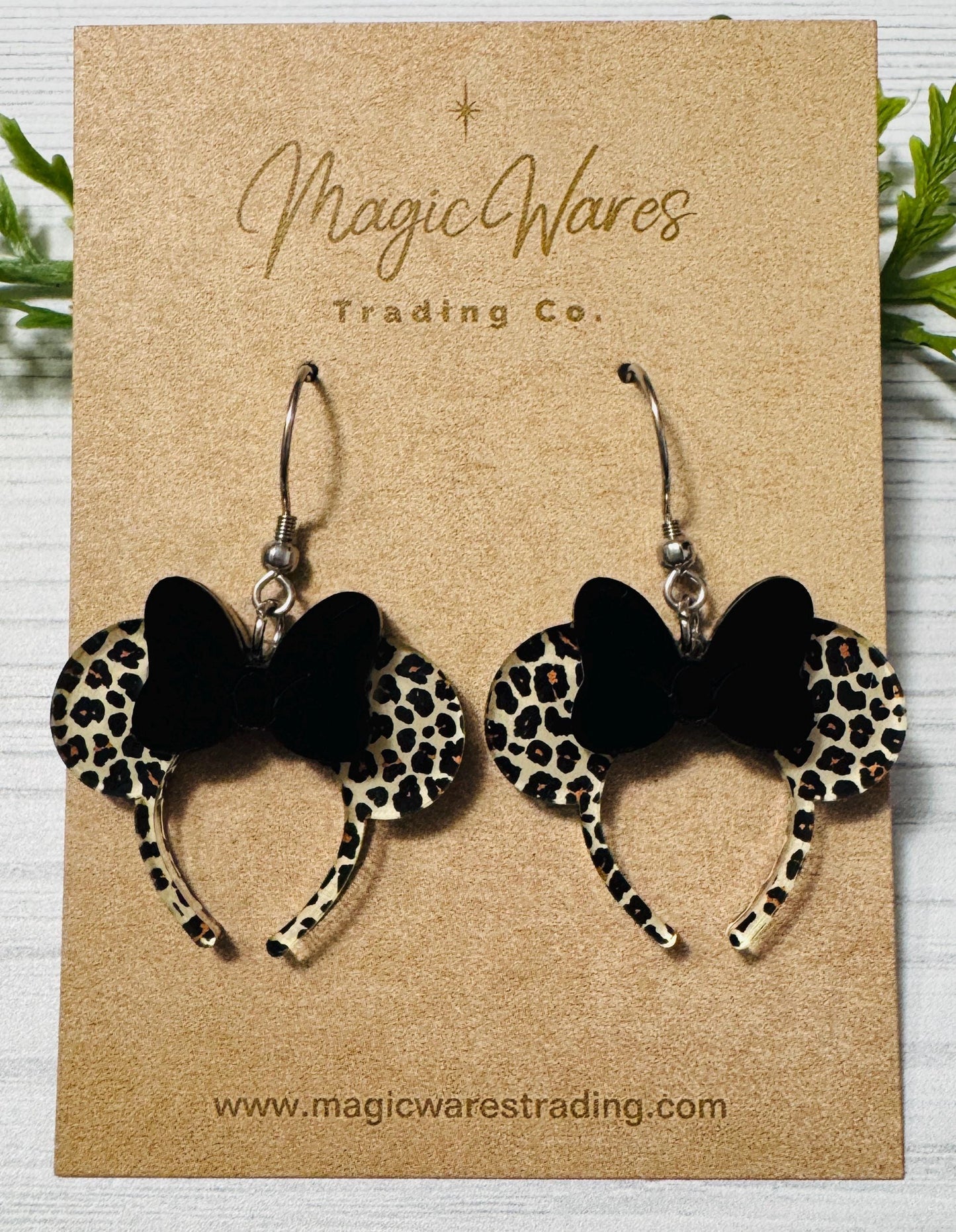 Minnie Leopard Headband Ears Dangle Earrings, Black Acrylic Bow Mouse ears headband, Animal Kingdom Earrings, Mouse Ears Dangle Earrings