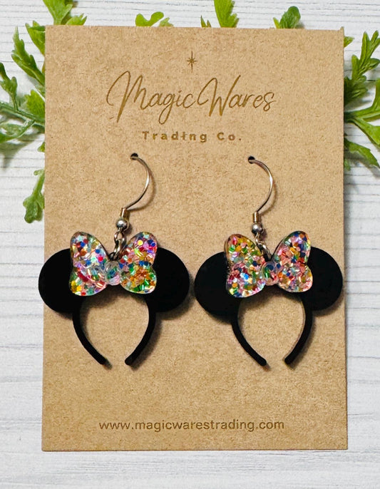 Minnie Confetti Glitter Headband Ears Dangle Earrings, Black Mouse ears headband earrings, Minnie Glitter Bow Dangle Earrings