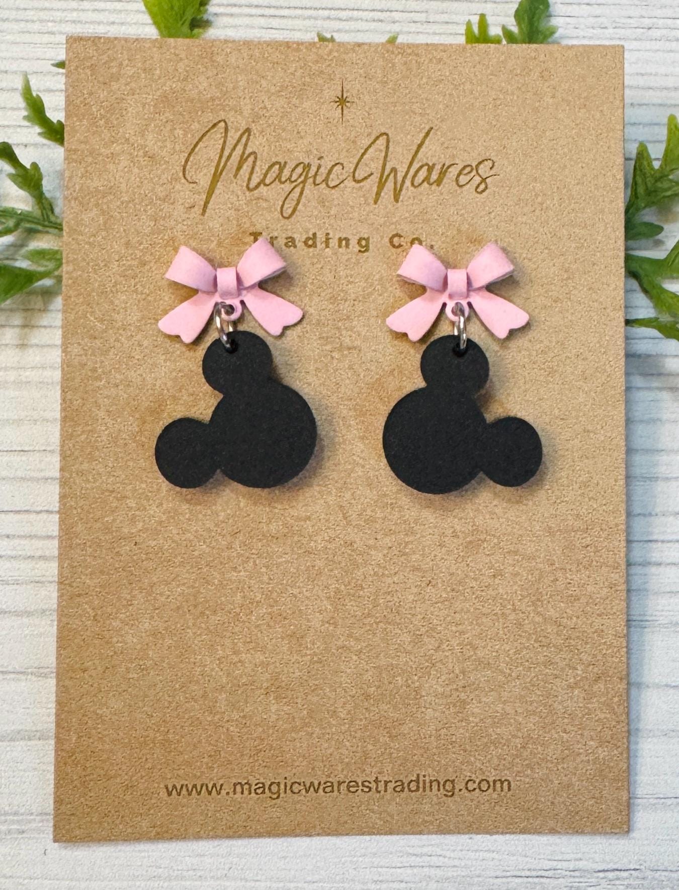 Pink Bow and Black Mouse Head Laser cut Dangle Earrings, Laser Cut Acrylic and Sterling Silver Stud Earrings, Minnie inspired earrings