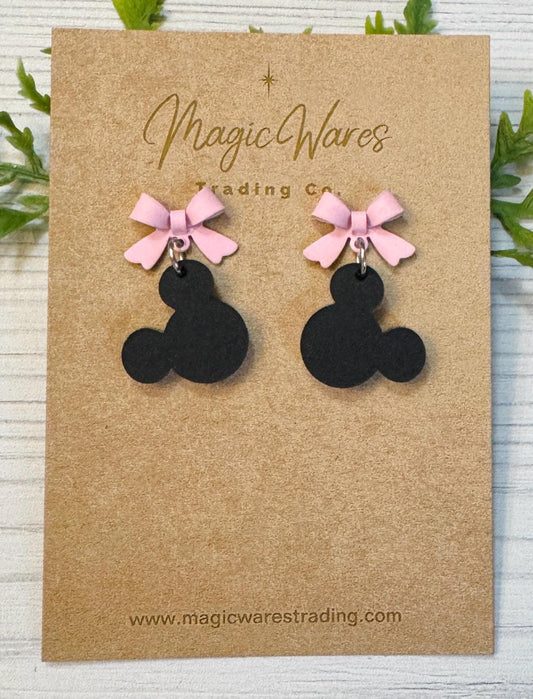 Pink Bow and Black Mouse Head Laser cut Dangle Earrings, Laser Cut Acrylic and Sterling Silver Stud Earrings, Minnie inspired earrings