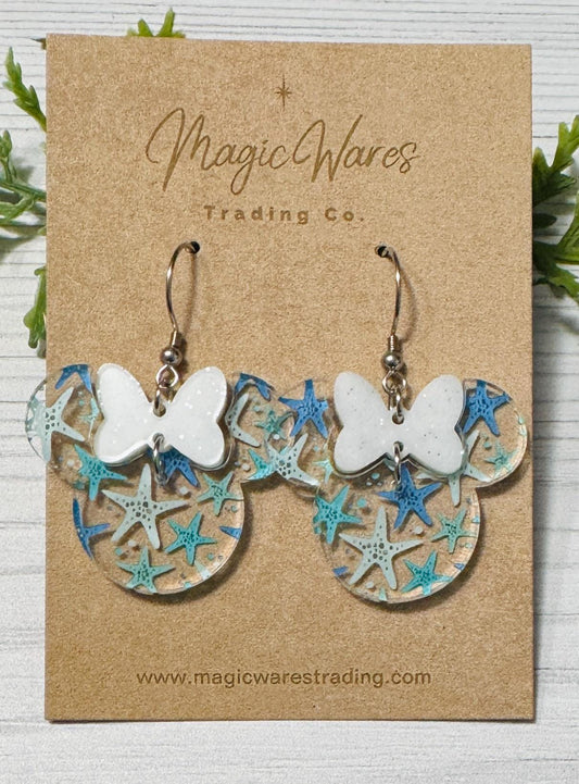 Starfish Minnie, White Glitter Minnie Bow Dangles, Laser cut Starfish Pattern Acrylic Earrings, Mermaid inspired earrings, Beach earrings