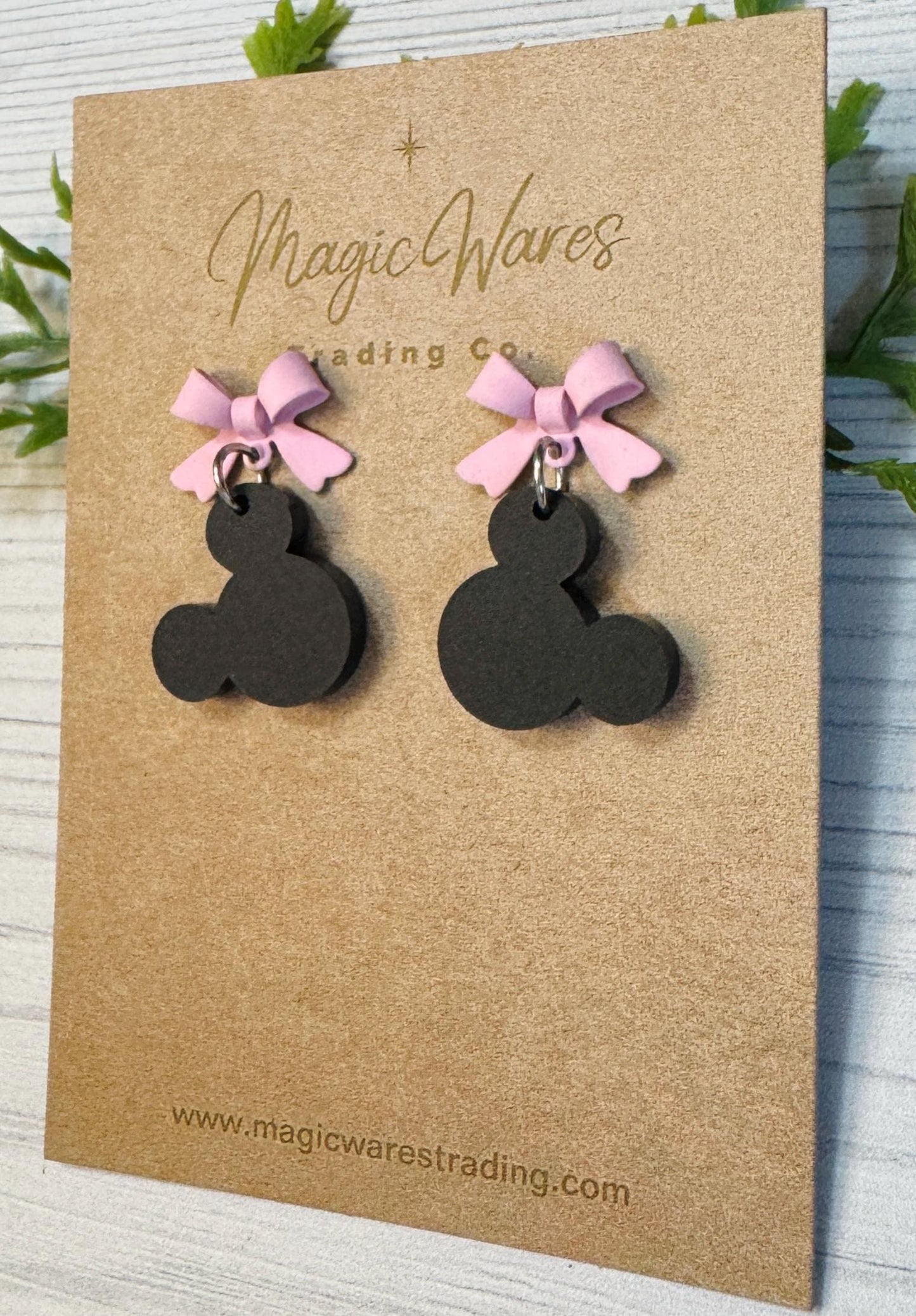 Pink Bow and Black Mouse Head Laser cut Dangle Earrings, Laser Cut Acrylic and Sterling Silver Stud Earrings, Minnie inspired earrings