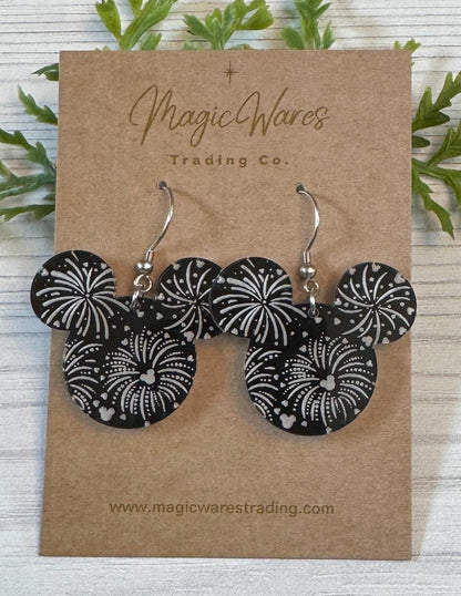 Fireworks at Night Crystal Acrylic Earrings, Mouse head Acrylic Laser Engraved Dangle Earrings, Fireworks earrings