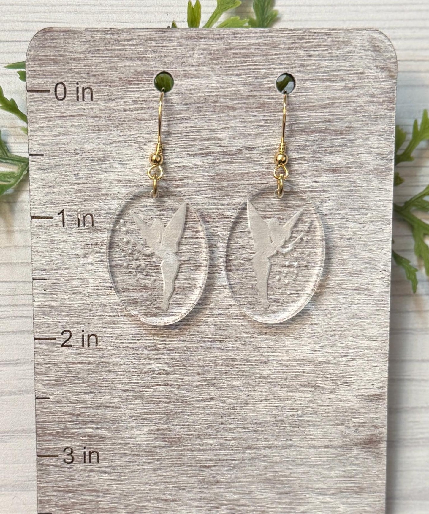 Engraved Fairy Tink inspired Dangle Earrings, Clear acrylic engraved Fairy earrings, Tinkerbell inspired earrings, Pixie Hollow earrings