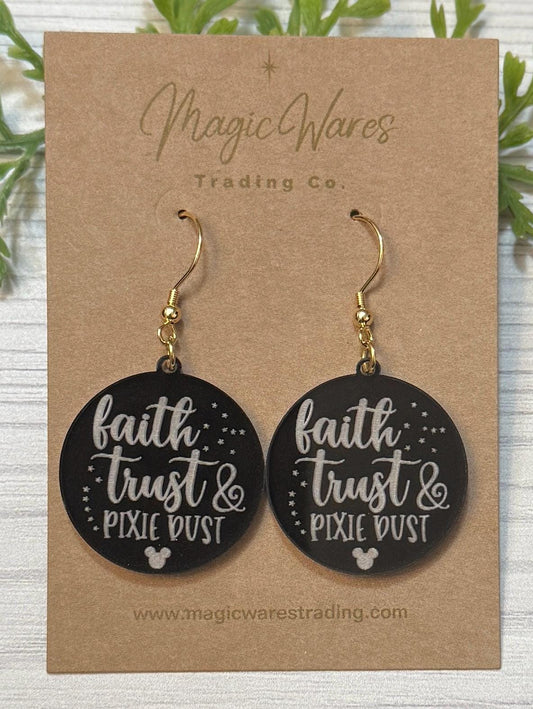 Faith Trust and Pixie Dust Engraved Dangle Earrings, Clear acrylic engraved earrings, Tinkerbell inspired earrings, Pixie Hollow earrings
