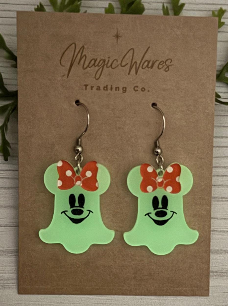 Glow in the Dark Mouse Ghost Dangle Earring, Orange or Black Polka Dot Bow, Halloween Earrings, Not so Scary Halloween party earrings
