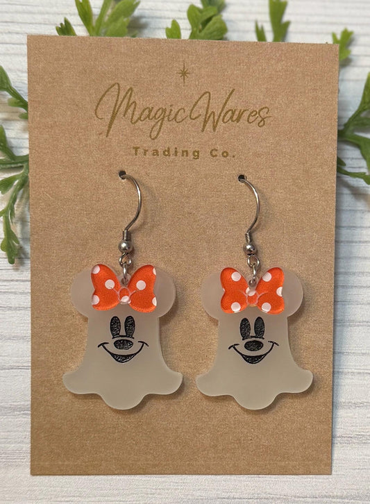 Glow in the Dark Mouse Ghost Dangle Earring, Orange or Black Polka Dot Bow, Halloween Earrings, Not so Scary Halloween party earrings