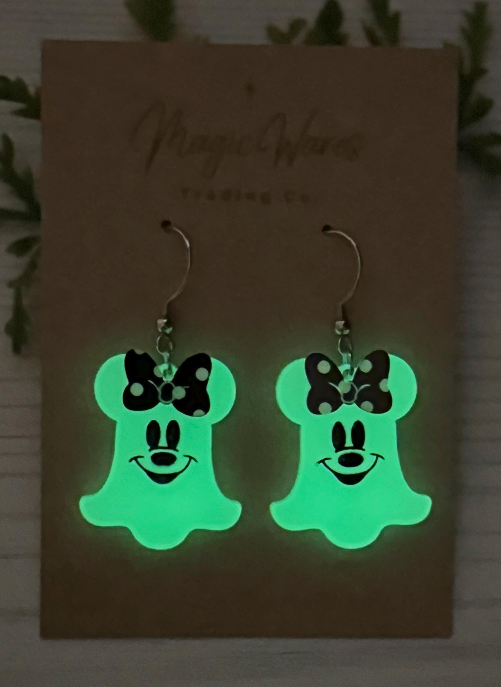 Glow in the Dark Mouse Ghost Dangle Earring, Orange or Black Polka Dot Bow, Halloween Earrings, Not so Scary Halloween party earrings
