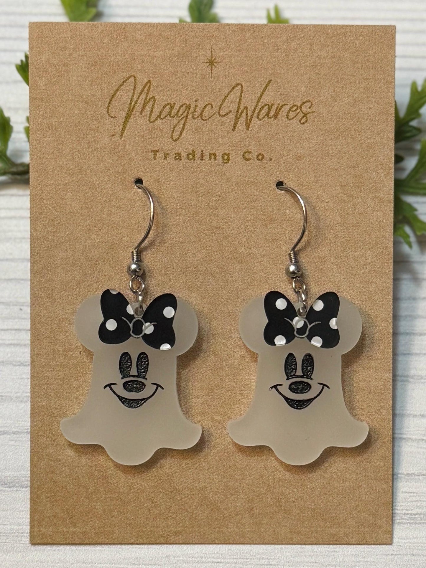Glow in the Dark Mouse Ghost Dangle Earring, Orange or Black Polka Dot Bow, Halloween Earrings, Not so Scary Halloween party earrings