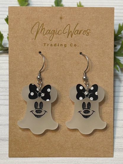 Glow in the Dark Mouse Ghost Dangle Earring, Orange or Black Polka Dot Bow, Halloween Earrings, Not so Scary Halloween party earrings