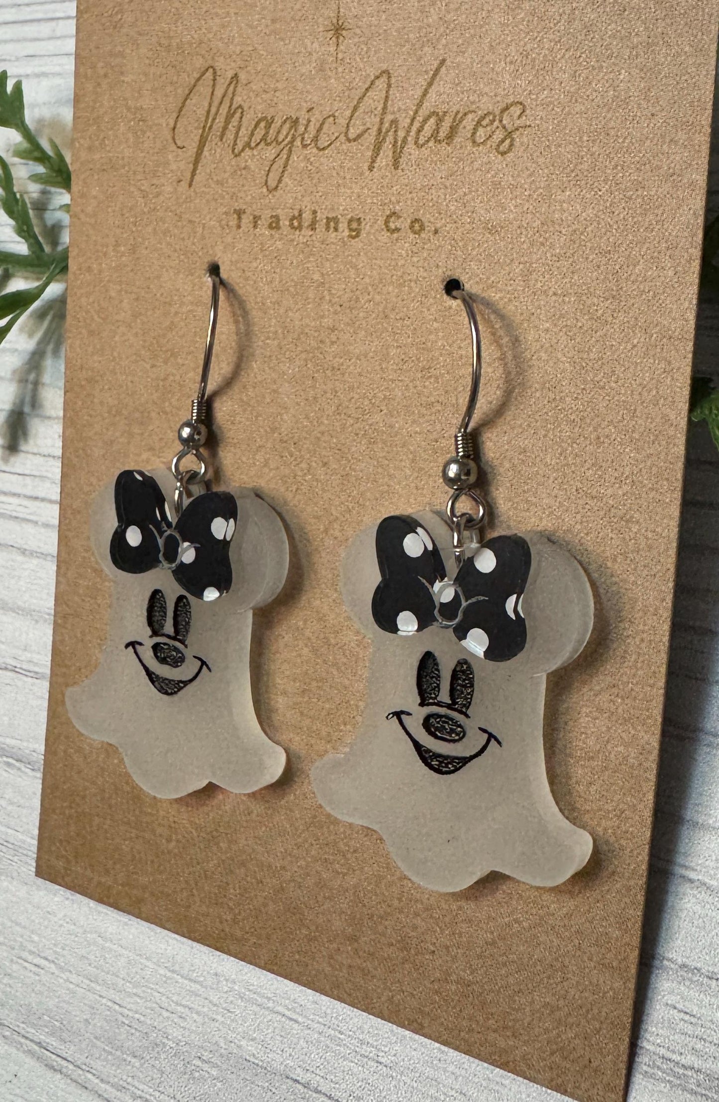 Glow in the Dark Mouse Ghost Dangle Earring, Orange or Black Polka Dot Bow, Halloween Earrings, Not so Scary Halloween party earrings