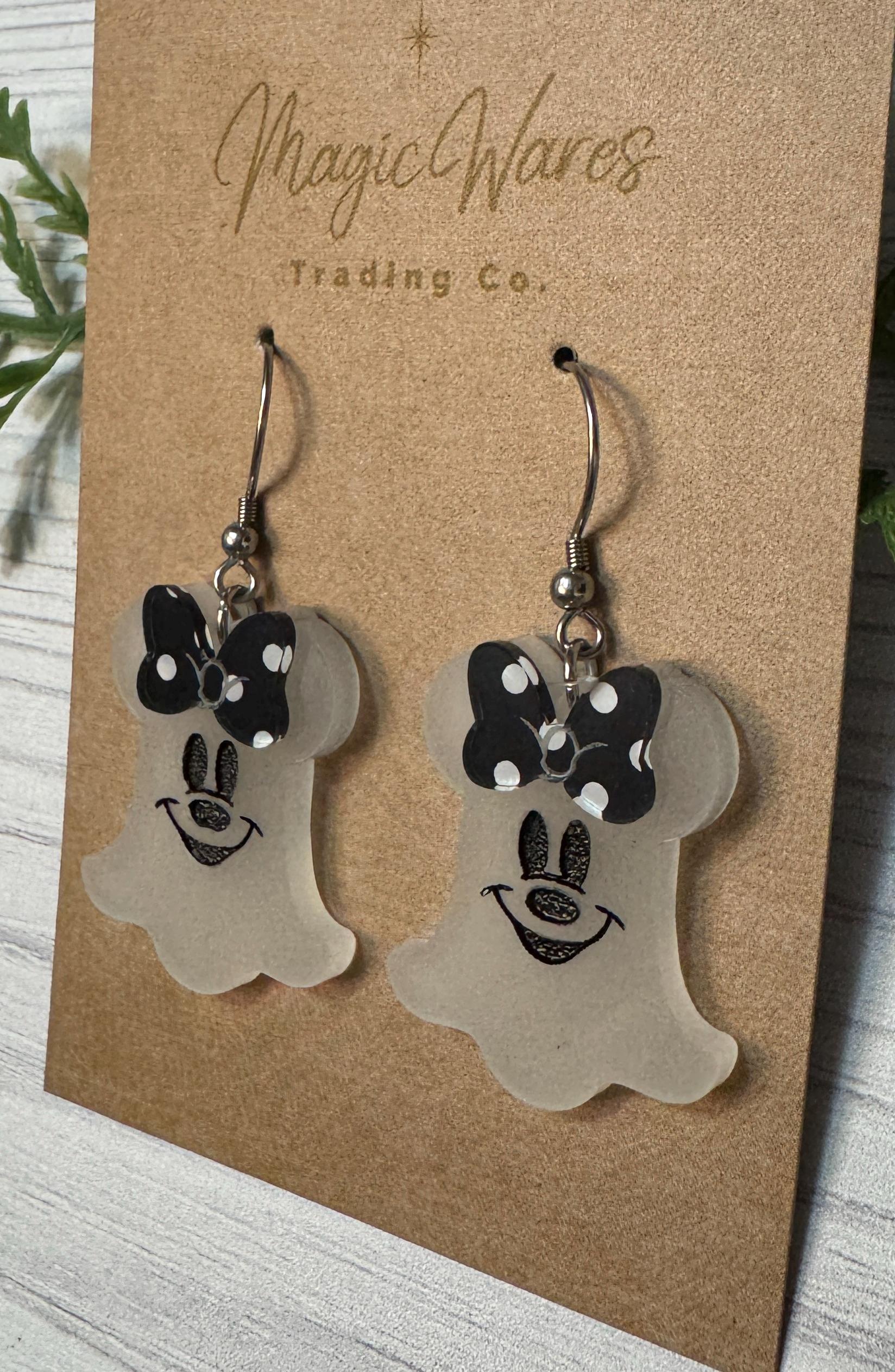 Glow in the Dark Mouse Ghost Dangle Earring, Orange or Black Polka Dot Bow, Halloween Earrings, Not so Scary Halloween party earrings