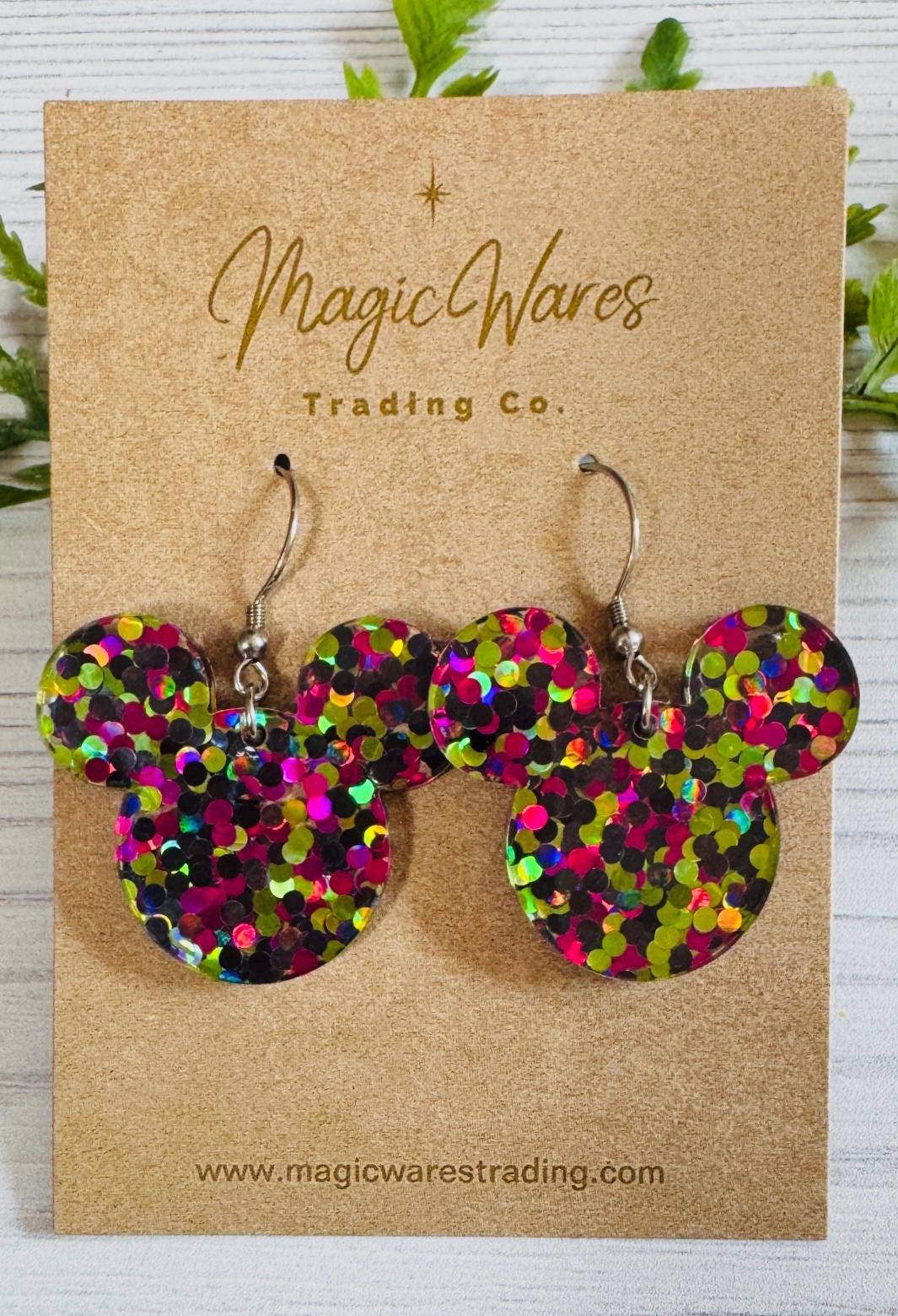 Villians Glitter Mouse head shaped Dangle Earrings, Pink Green and Black Glitter Acrylic Earrings, Halloween Glitter earrings