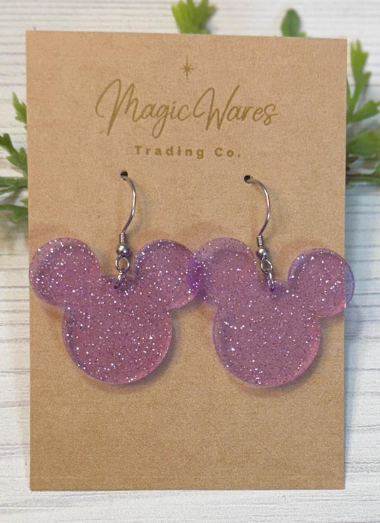 Purple Jelly Glitter Mouse head Dangle Earrings, Laser cut translucent Purple Glitter Acrylic Earrings, Glitter earrings