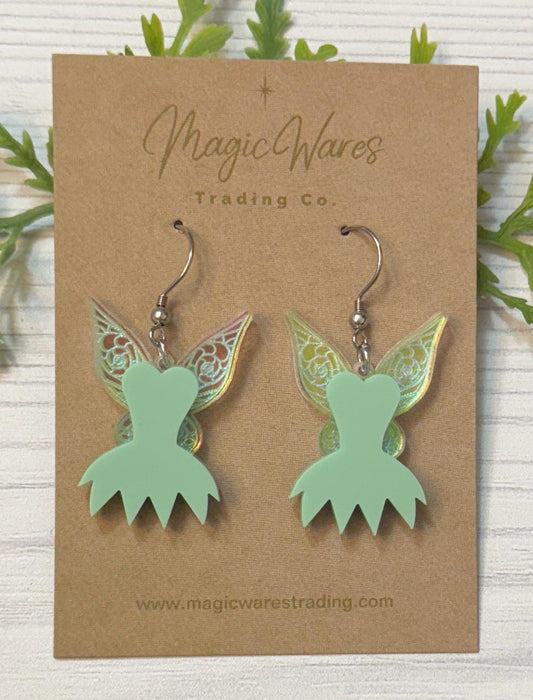 Fairy Dress Dangle Earrings, Iridescent acrylic engraved Fairy Wing earrings, Tinker Bell inspired earrings, Pixie Hollow earrings