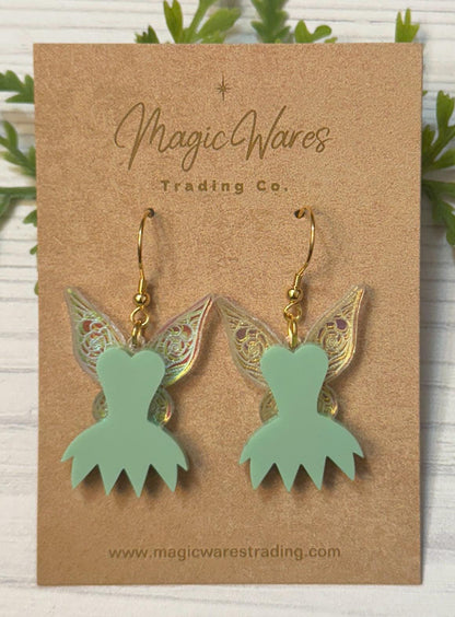 Fairy Dress Dangle Earrings, Iridescent acrylic engraved Fairy Wing earrings, Tinker Bell inspired earrings, Pixie Hollow earrings