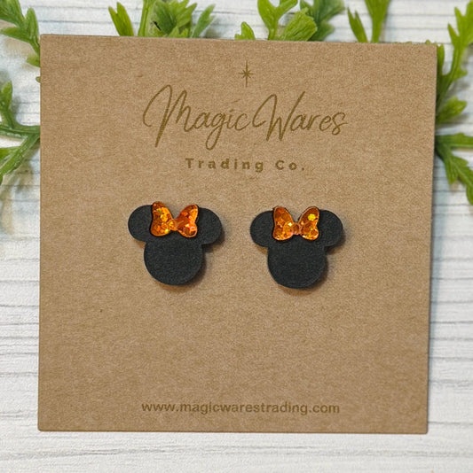Black with Pumpkin Sparkle Bow Mouse Head Stud Earrings, Orange Glitter Bow Studs, Halloween Pumpkin Stud Mouse Earrings, Clip ons available