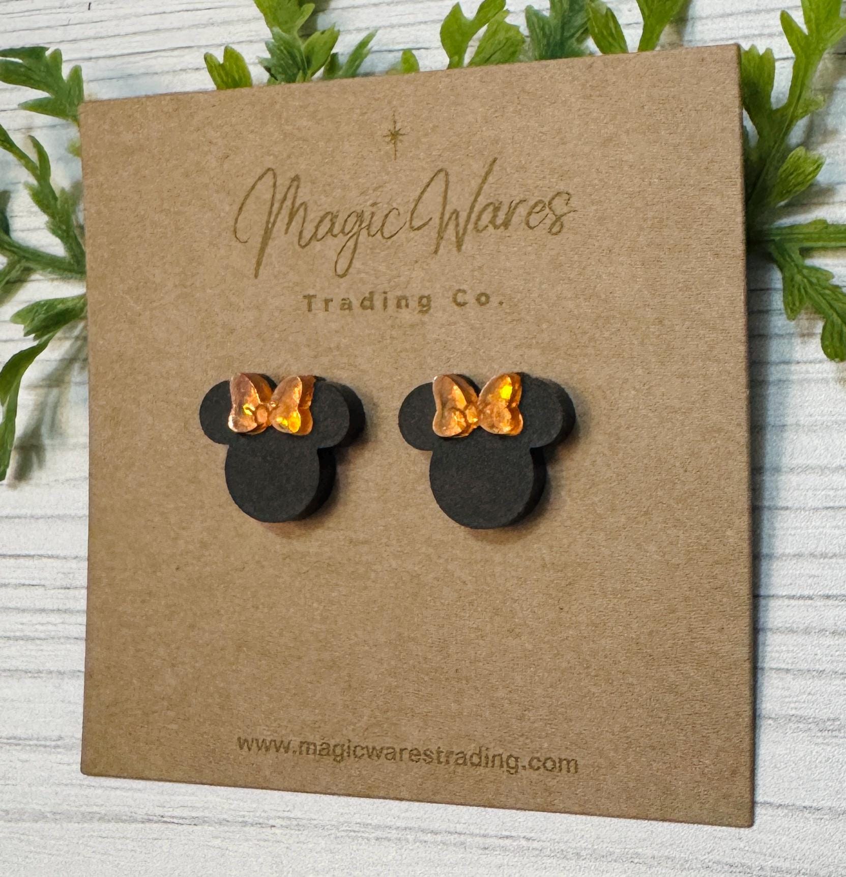 Black with Pumpkin Sparkle Bow Mouse Head Stud Earrings, Orange Glitter Bow Studs, Halloween Pumpkin Stud Mouse Earrings, Clip ons available