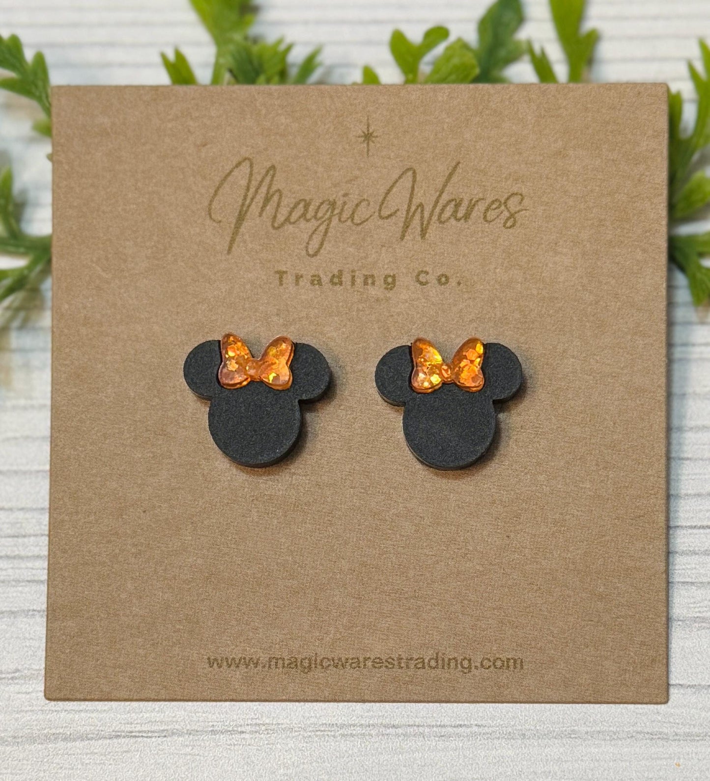 Black with Pumpkin Sparkle Bow Mouse Head Stud Earrings, Orange Glitter Bow Studs, Halloween Pumpkin Stud Mouse Earrings, Clip ons available