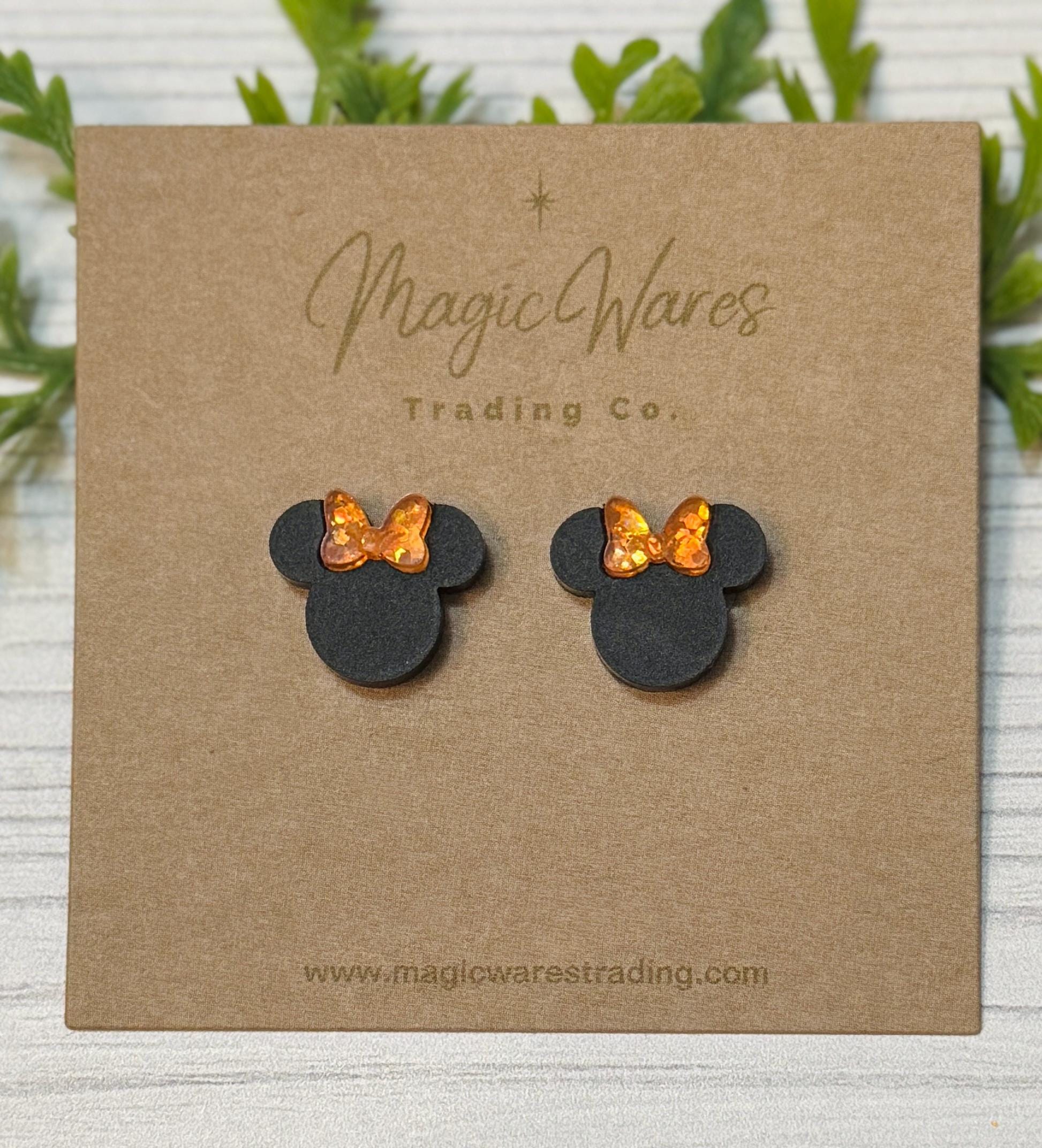 Black with Pumpkin Sparkle Bow Mouse Head Stud Earrings, Orange Glitter Bow Studs, Halloween Pumpkin Stud Mouse Earrings, Clip ons available