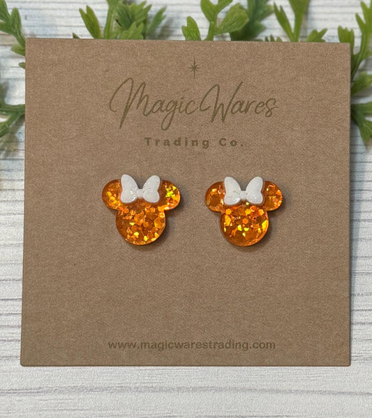 Orange Sparkle Mouse Stud Earrings, Black or White Glitter Bow Mouse head post earrings, Halloween Mouse Stud Earrings, Orange glitter studs