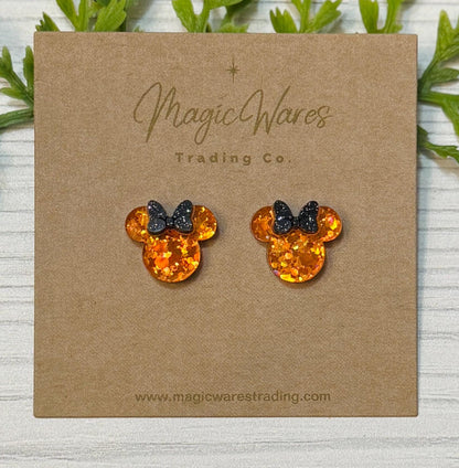 Orange Sparkle Mouse Stud Earrings, Black or White Glitter Bow Mouse head post earrings, Halloween Mouse Stud Earrings, Orange glitter studs