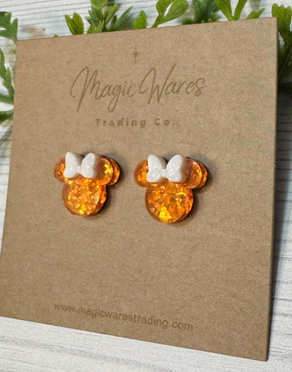 Orange Sparkle Mouse Stud Earrings, Black or White Glitter Bow Mouse head post earrings, Halloween Mouse Stud Earrings, Orange glitter studs