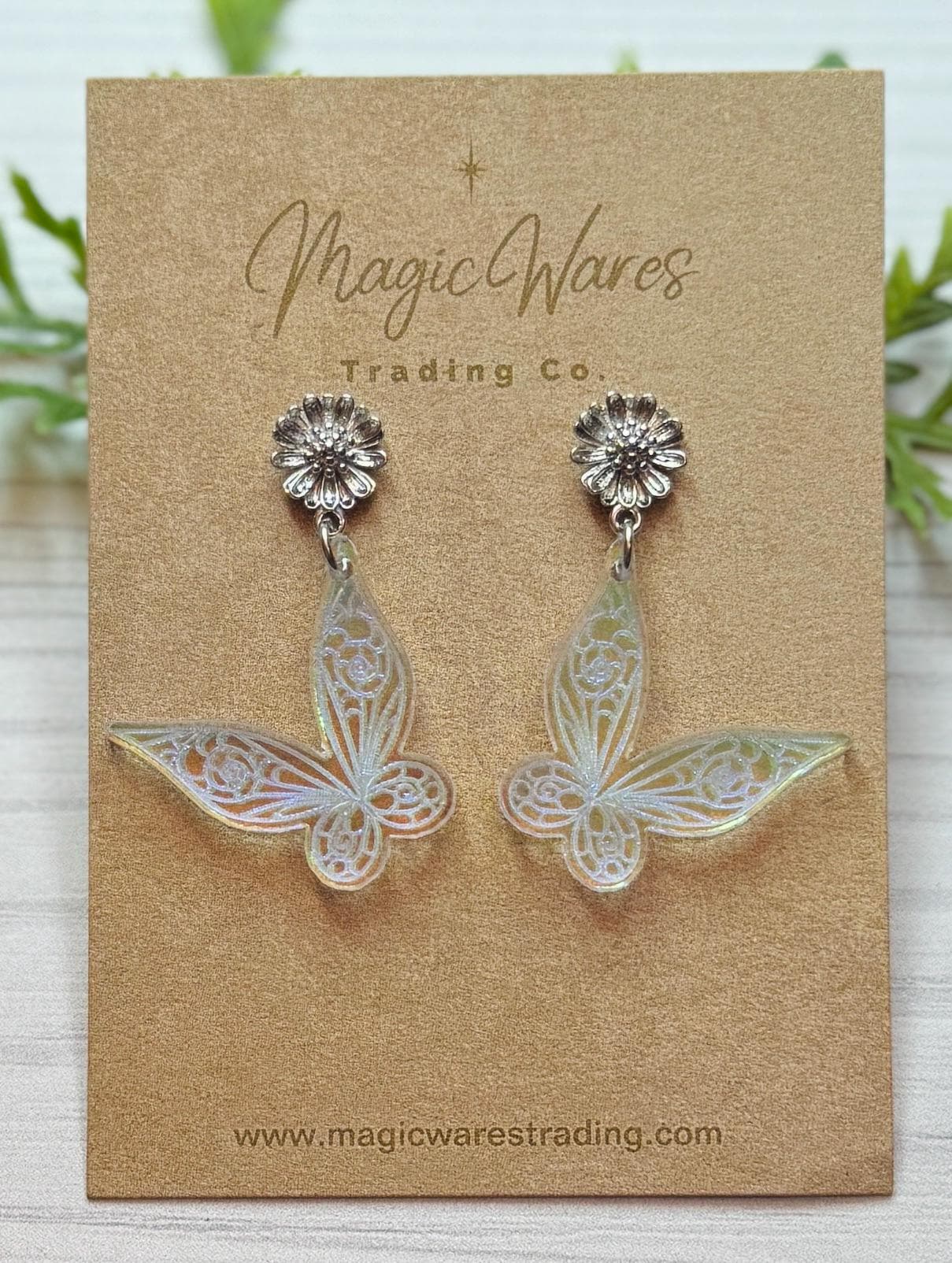 Fairy Wings Dangle Post Earrings, Iridescent acrylic engraved Fairy Wing earrings, Tinker Bell inspired earrings, Flower Stud earrings