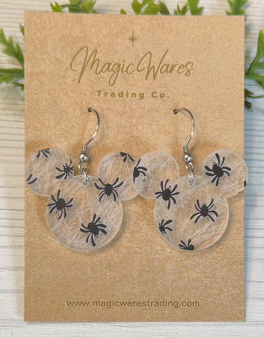 Spiders on Webs Laser cut Mouse head Dangle Earrings, Spiderweb Acrylic Halloween earrings, Not So Scary Halloween Party Earrings