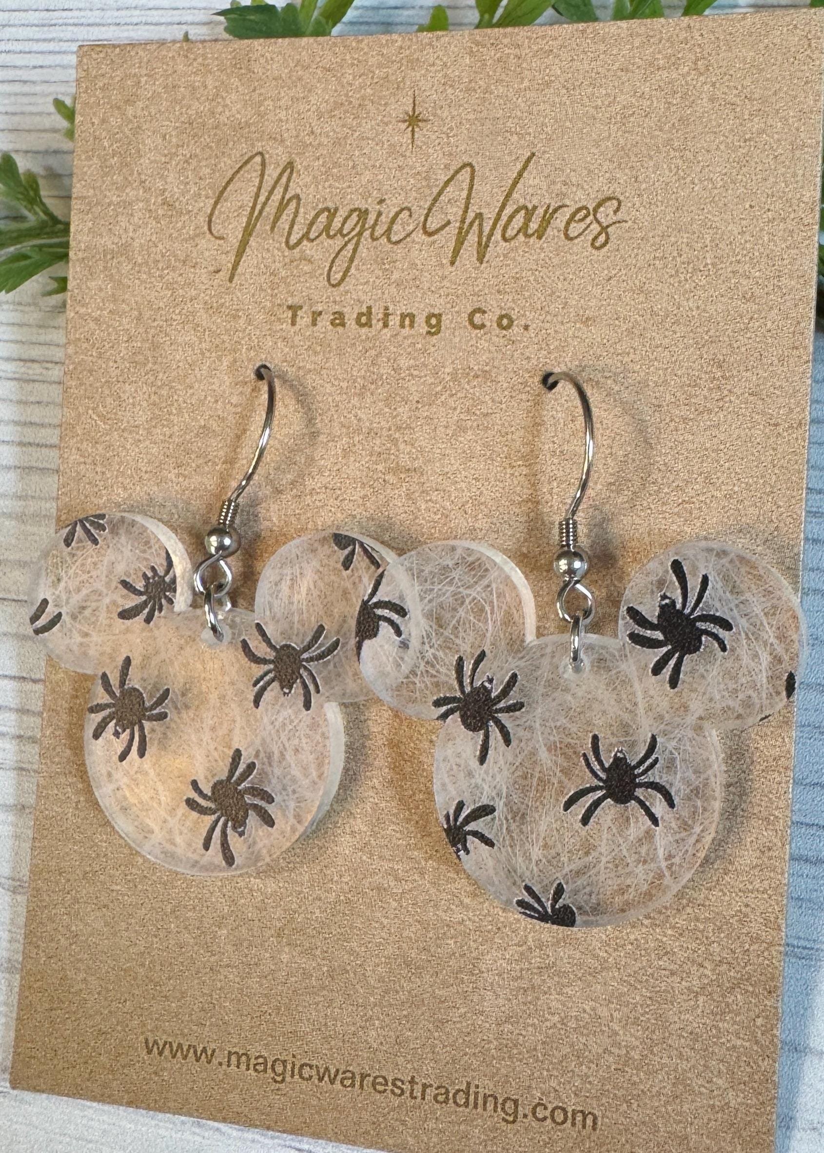 Spiders on Webs Laser cut Mouse head Dangle Earrings, Spiderweb Acrylic Halloween earrings, Not So Scary Halloween Party Earrings